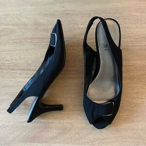 Black Sleek Cloth Open V Toe Slingback Heels | 7.5